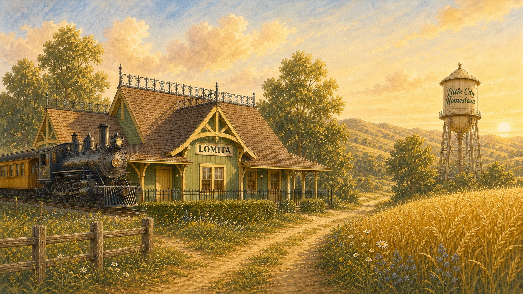 Watercolor scene of the Lomita train station, train, wheat field, and Little City Homestead water tower